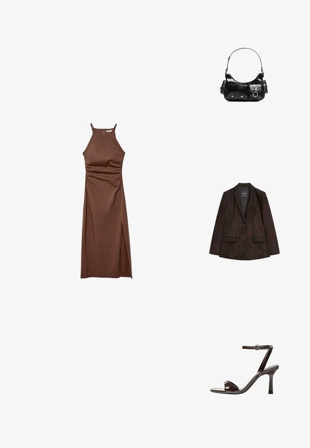 Brauner Wildlederblazer mit geknöpftem Revers, Ein-Knopf-Verschluss, zwei frontalen Taschen und einer Brusttasche. Glatte Textur und taillierte Form.; Stradivarius HALTER - Etuikleid - dark brown; Braune Lackleder-High-Heelsandale mit einem Knöchelriemen, offener Zehenpartie und einem schlanken, minimalistischen Design. Verfügt über einen quadratischen Absatz.; Schwarze Lackleder-Handtasche mit geschwungenem Design, einem Schulterriemen, Vordertaschen und silberfarbenen Hardware-Akzenten.