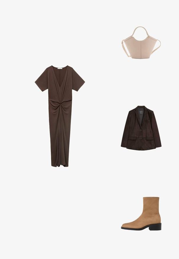 Brauner Wildlederblazer mit geknöpftem Revers, Ein-Knopf-Verschluss, zwei frontalen Taschen und einer Brusttasche. Glatte Textur und taillierte Form.; Braunes, knielanges Kleid aus einem weichen Material, mit tiefem V-Ausschnitt, kurzen Ärmeln und einem gerafften Detail an der Taille. Glatte Textur.; Hellbraune Wildleder-Ankle Boots mit quadratischer Spitze, niedrigem Blockabsatz und nahtlosem Design. Mit dezenten Nähten entlang der Kanten.; Beige Lederhandtasche mit einer einzigartigen Form, die zwei kurze Henkel und einen langen verstellbaren Riemen aufweist. Glatte Textur mit minimalen Hardware-Elementen.
