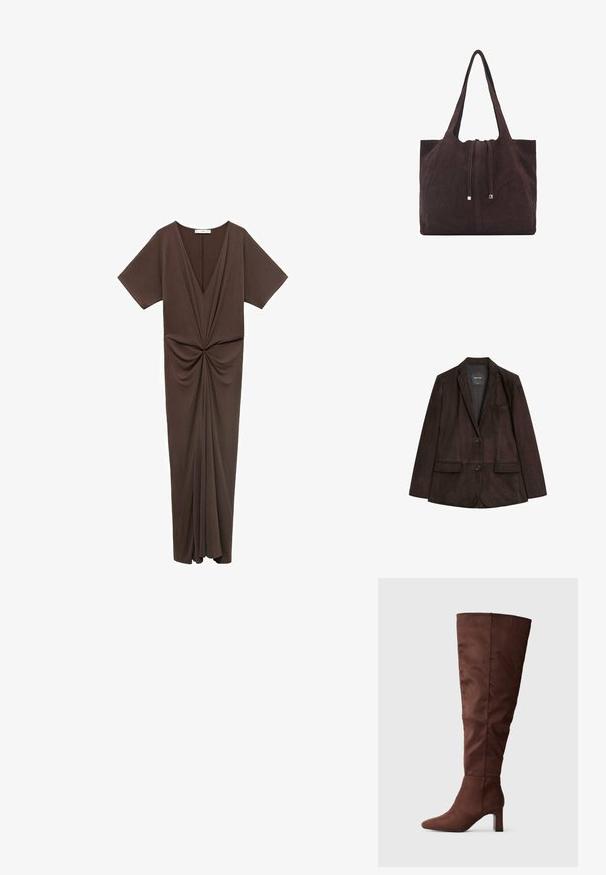 Bruine suede blazer met een notch-lapel, enkele knoopsluiting, twee voorzakken en een borstzak. Vloeiende textuur en op maat ontworpen.; Bruine jurk tot de knie, gemaakt van een zachte stof, met een diepe V-hals, korte mouwen en een gather-detaillering bij de taille. Gladde textuur.; Kastanjebruine kniehoge laars van zacht suèdemateriaal. Beschikt over een puntige neus en een gestapelde hak voor stabiliteit. Gladde, matte afwerking.; Mango Shopper - dark brown