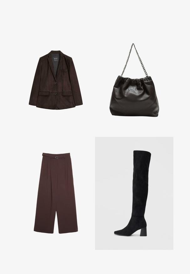 Blazer en daim marron avec revers cranté, fermeture à un bouton, deux poches avant et une poche poitrine. Texture lisse et design ajusté.; Haut à manches courtes gris foncé avec un col bateau. Fabriqué en tissu côtelé, il présente une coupe décontractée et un ourlet propre. Design simple, sans motifs.; Stradivarius WIDE-LEG WITH BUCKLE DETAIL - Pantalon classique - dark brown; Botte noire en daim montée jusqu'au genou, avec un talon bloc, un bout pointu et un design lisse et sans couture sur un fond clair.; Sac en cuir marron avec un haut froncé et une bandoulière en chaîne. Texture lisse avec une finition brillante et des coutures subtiles sur les côtés.