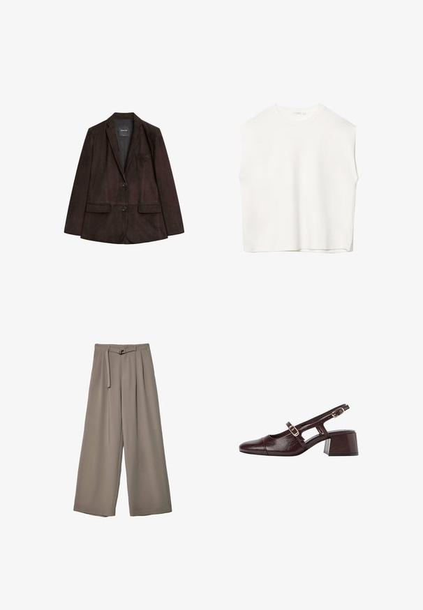Brauner Wildlederblazer mit geknöpftem Revers, Ein-Knopf-Verschluss, zwei frontalen Taschen und einer Brusttasche. Glatte Textur und taillierte Form.; Weißes ärmelloses Oberteil mit einem lockeren Schnitt, Rundhalsausschnitt, glatter Textur und geradem Saum. Schlichtes Design ohne Muster oder Zubehör.; Weite Hose aus einem weichen, gedämpften grauen Stoff, mit einem taillierten Bund und Falten für zusätzliche Design-Details. Glatte Textur, keine Muster.; Braune Leder Slingback-Pumps mit quadratischer Spitze, ausgeschnittenen Seiten und Blockabsatz. Mit einer Schnalle am Knöchelriemen.