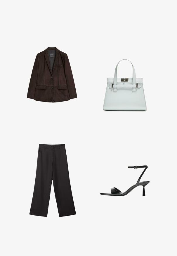 Brauner Wildlederblazer mit geknöpftem Revers, Ein-Knopf-Verschluss, zwei frontalen Taschen und einer Brusttasche. Glatte Textur und taillierte Form.; Schwarzes Tanktop aus Baumwolle mit rundem Halsausschnitt und weiten Armöffnungen. Glatte Textur mit genähten Säumen. Klassisches, minimalistisches Design.; Schwarze weite Hosen aus glattem Stoff, mit einem Reißverschluss vorne und zwei seitlichen Taschen, maßgeschneiderter Passform und minimalistischem Design.; Bershka High Heel Sandalette - black; Helle blaue Handtasche mit strukturiertem Design, zwei Griffen und einem Beschlag aus silberfarbenem Metall. Texturiertes Material und scharfe Ecken.