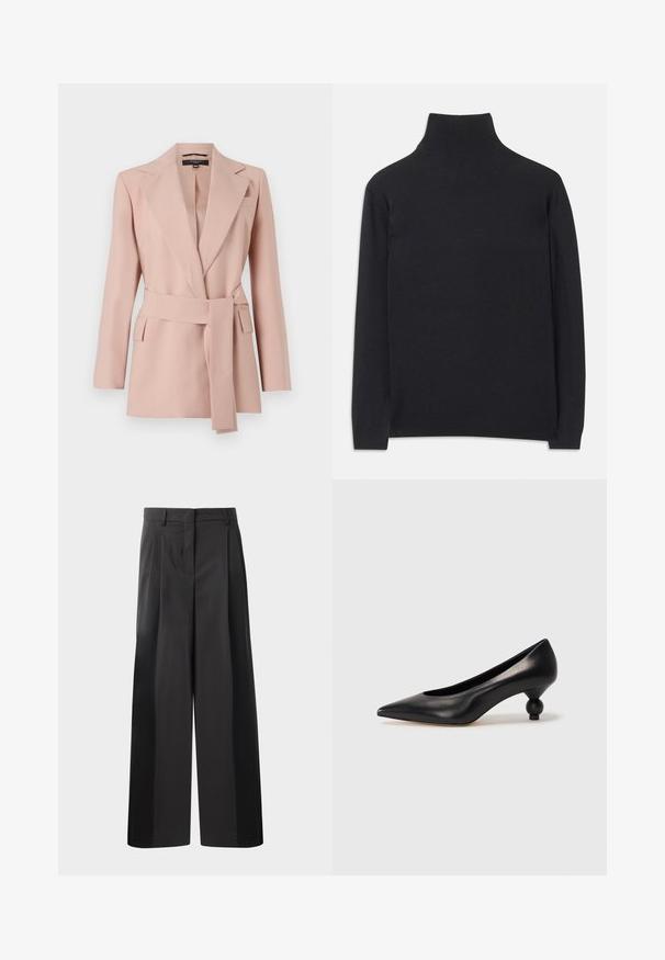 Blush roze blazer met een getailleerde pasvorm, notch revers, wikkelriem en twee zijzakken. Gemaakt van gladde stof met een gestructureerd ontwerp.; Zwarte coltrui gemaakt van zacht materiaal. Heeft lange mouwen, een hoge hals, en ribbelachtige boorden en onderkant voor een aansluitende look.; Zwarte wijde broek met hoge taille, met voorplooien, een gladde textuur en een nette afwerking. Ontworpen voor een ontspannen pasvorm.; Zwarte leren hoge hak schoen met een spitse neus en een ronde, bolle hak. Gladde textuur met een elegant, minimalistisch ontwerp.