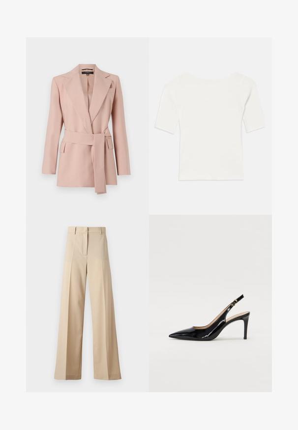 Blazer rosa claro com um corte ajustado, lapelas recortadas, cinto envolvente e dois bolsos laterais. Feito de um tecido suave com um design estruturado.; Top branco de malha com mangas curtas e decote largo. A textura apresenta riscas verticais, realçando um ajuste justo e um design simples.; Calças largas bege feitas de tecido suave, com frente plana com pregas, fecho de correr e passantes para cinto. Ajuste entalhado no geral.; Sandal com salto em verniz preto, bico fino, salto esguio e um design de recorte subtil. Apresenta uma fivela dourada na alça.