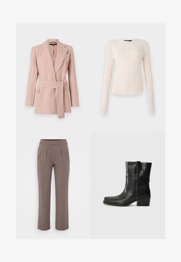 Blush roze blazer met een getailleerde pasvorm, notch revers, wikkelriem en twee zijzakken. Gemaakt van gladde stof met een gestructureerd ontwerp.; Langsleeve, lichtbeige top met een ronde halslijn. Gemaakt van zachte stof, heeft een centrale naad en een iets gebogen rand. Geen zichtbare hardware.; Taupe losvallende broek met elastische tailleband en voorplooien, gemaakt van zachte stof.; Zwarte leren enkellaars met een ronde neus, blokhak, zijrits en stikselaccenten op de wreef. Gladde textuur, klassiek ontwerp.