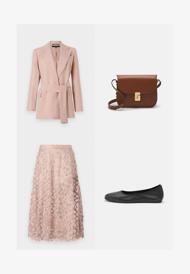 Blush roze blazer met een getailleerde pasvorm, notch revers, wikkelriem en twee zijzakken. Gemaakt van gladde stof met een gestructureerd ontwerp.; Witte korte mouwen t-shirt van ribstof. Ronde halslijn, normale pasvorm en subtiele stiksels. Geen patronen of grafische elementen.; Lace midi-rok in zacht roze met bloemborduursels, voorzien van een aansluitende tailleband en gelaagd ontwerp, wat een delicate textuur benadrukt.; Zwarte leren ballerina met een ronde neus, gladde textuur, minimale stikdetails en een flexibele zoolontwerp.; Bruine leren handtas met een klep sluiting, gouden hardware, een schouderband en een gladde textuur. Compact rechthoekige vorm.