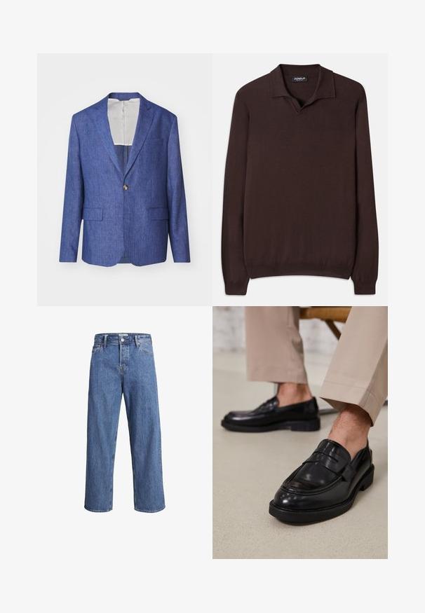 J.LINDEBERG ELTON SUPER - Sako - blue; Dondup REGULAR FIT SHIRT - Svetr - cioccolato; Světle modré džíny z denimu s rovnými nohavicemi, vysokým pasem a minimem švů. Látka má jemnou, lehce vybledlou strukturu.; Černé kožené loafers s hladkým povrchem, zdobené páskem a kontrastním prošíváním, spárované s béžovými kalhotami.