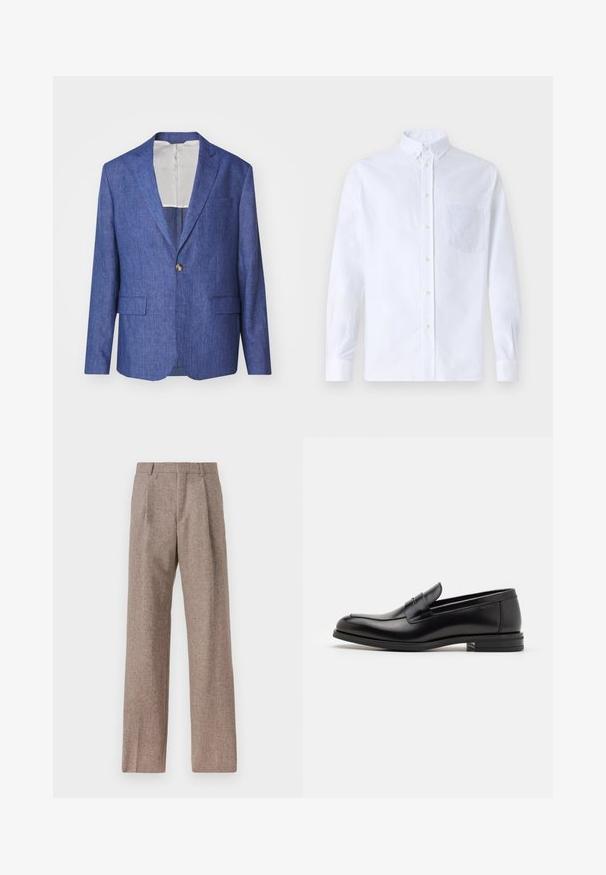 J.LINDEBERG ELTON SUPER - Blazer jacket - blue; White long-sleeve button-up shirt made of cotton, featuring a chest pocket with tonal embroidery, a collar, and button cuffs.; Brown, high-waisted trousers made of textured fabric. Features wide legs and two front pleats for structure. Neat finish with no visible hardware.; Black leather loafers with a smooth texture, rounded toe, and a decorative strap across the vamp. Low stacked heel, minimalist design.