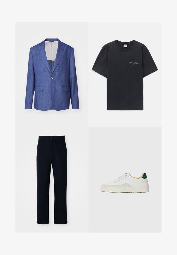 J.LINDEBERG ELTON SUPER - Bleiserjakk - blue; Must have lühikesed varrukad ümmarguse kaelusega must T-särk, millel vasakul rinnal on väike valge "Filling Pieces" teksti logo.; Tumed sinelased püksid puuvillast, sirge lõikega, eesnupu sulgemisega ning klassikalise vöökohaga, kus on vööaasad.; Valged tennisjalanõud, millel on sametised aktsendid, ümar varvas, lame nöörid ja kreemjas kummine põhja. Hästi nähtav roheline bränding kannal.