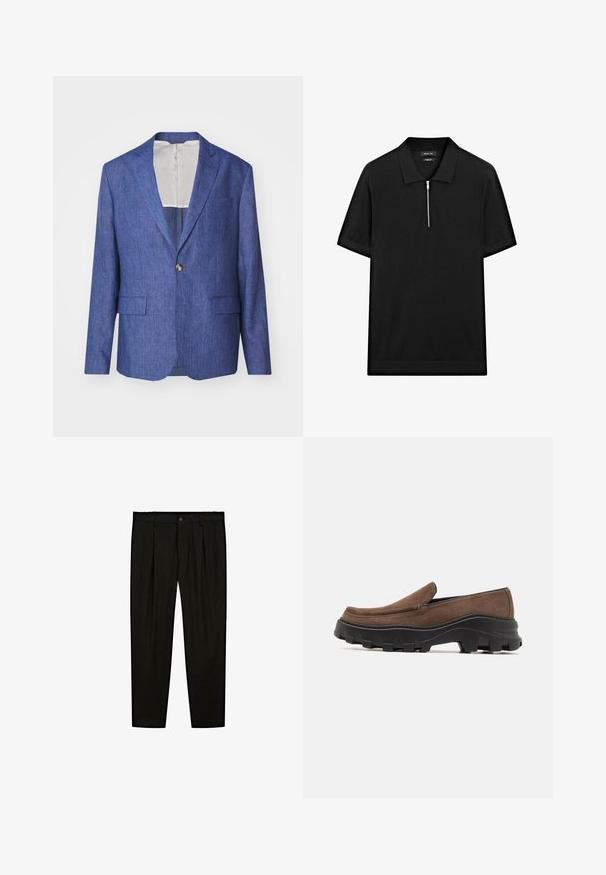 J.LINDEBERG ELTON SUPER - Blazer - blue; Zwarte polo met korte mouwen, een staande kraag en een rits aan de voorkant. Gemaakt van een gladde stof met een schoon, minimalistisch ontwerp.; Zwarte op maat gemaakte broeken van soepel materiaal. Kenmerken zijn een platte voorkant, brede pijpen en een knoopsluiting bij de taille.; Bruine suede instapper met een dikke zwarte rubberen zool, voorzien van gedurfde profielpatronen en een gladde, ronde neusdesign.