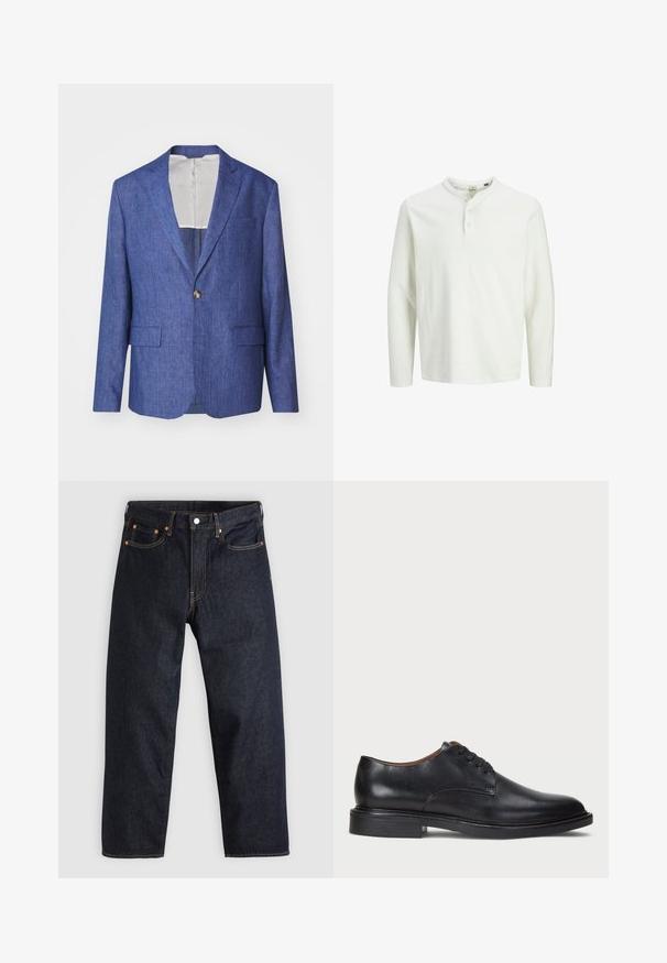 J.LINDEBERG ELTON SUPER - Blazer jacket - blue; White long-sleeve henley shirt with three buttons and a round neckline, displayed on a plain white background.; Dark blue denim jeans with a straight cut, five pockets, contrasting orange stitching, and a button fly. No visible patterns or embellishments.; Black leather dress shoe with a round toe, lace-up design, and a low stacked heel. Smooth texture with minimal stitching details.