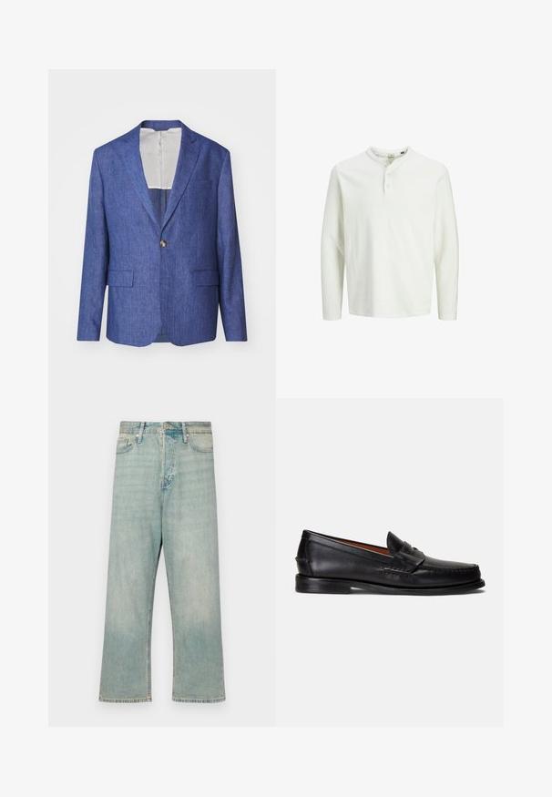 J.LINDEBERG ELTON SUPER - Sako - blue; Bílá dlouhá rukávová henley košile s třemi knoflíky a kulatým výstřihem, vystavená na jednoduchém bílém pozadí.; Světle modré denimové džíny s volným střihem, rovnými nohavicemi a vybledlým provedením; mají klasické zapínání na knoflík a zip.; Černé kožené mokasíny s hladkým povrchem, zaoblenou špičkou a ozdobným páskem přes horní část. Mají nízkou černou podrážku.