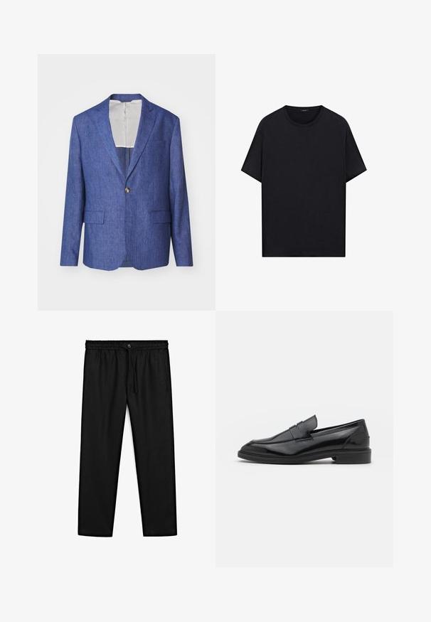 J.LINDEBERG ELTON SUPER - Kavaj - blue; Svart kortärmad t-shirt med rund halsringning och rak fåll, uppställd platt mot en vit bakgrund.; Svarta byxor i lätt tyg. Har resårmidja med dragsko och knappknäppning. Raka ben, utan mönster.; Svarta läderloafers med en slät finish, med rund tå och en smal rem över framsidan. Låg klack.