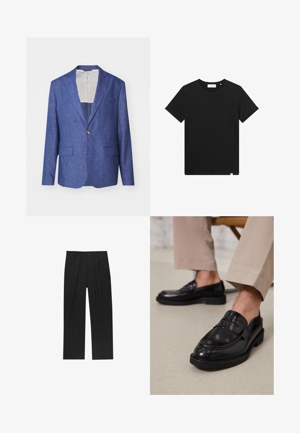 J.LINDEBERG ELTON niebieski; Czarna koszulka z krótkim rękawem wykonana z bawełny, z okrągłym dekoltem i małym logo haftowanym na piersi. Gładka tekstura, standardowy krój.; Czarne spodnie o prostym kroju, wykonane z gładkiego materiału. Posiadają zakładki z przodu i pojedyncze zapięcie na guziki w pasie.; Czarne skórzane mokasyny o gładkim wykończeniu, z dekoracyjnym paskiem i kontrastowym szwem, w połączeniu z beżowymi spodniami.