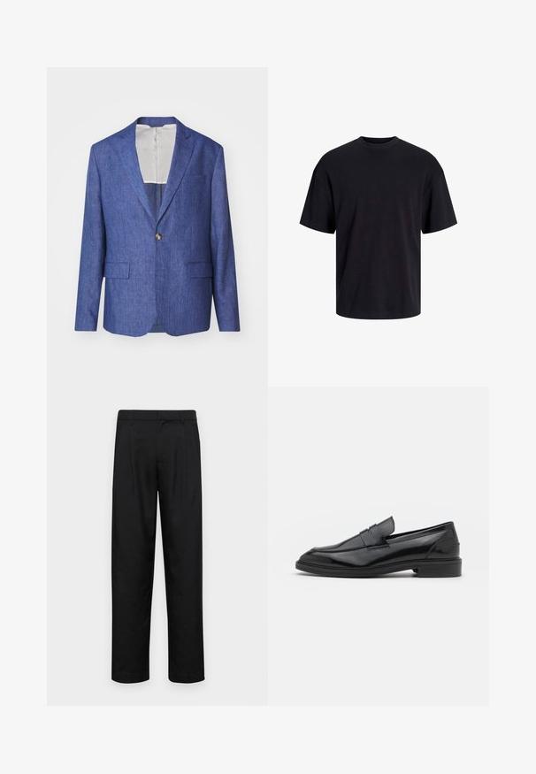 J.LINDEBERG ELTON SUPER - Sako - blue; Crna pamučna majica s okruglim izrezom, kratkim rukavima i opuštenim krojem. Glatka tekstura bez vidljivih uzoraka ili dekoracija.; Crne hlače od glatkog materijala, s dizajnom ravnih nogavica, dva prednja nabora i standardnim pojasom s petljama za remen.; Crne kožne mokasine s glatkom površinom, s okruglim vrhom i uskim pojasom preko gornjeg dijela. Nizak slojeviti potplat.