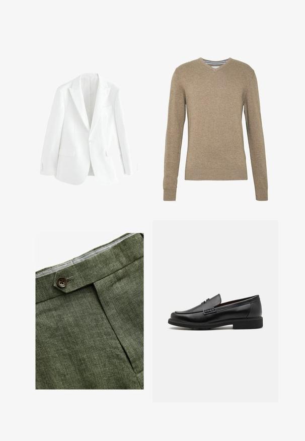 Biały żakiet na miarę z jednym guzikem z przodu, wykrojonymi klapami i dwiema kieszeniami z przodu. Gładki materiał z czystym, minimalistycznym wzornictwem.; Sweter z dekoltem w kształcie V, wykonany z miękkiej, jasnobrązowej dzianiny, z długimi rękawami oraz ściągaczami przy mankietach i hemie. Subtelna tekstura w całym materiale.; Biała bawełniana koszulka z okrągłym dekoltem noszona z granatowymi spodniami w kant i brązowym skórzanym paskiem z złotą klamrą.; Zielone lniane spodnie w odcieniu oliwkowym z plisami z przodu, posiadające zapięcie na guzik i kontrastową kratkowaną podszewkę w pasie.; Czarne syntetyczne mokasyny z wyraźnym przeszyciem z przodu, wyściełaną wkładką i płaską gumową podeszwą; smukły design z minimalnymi detalami.