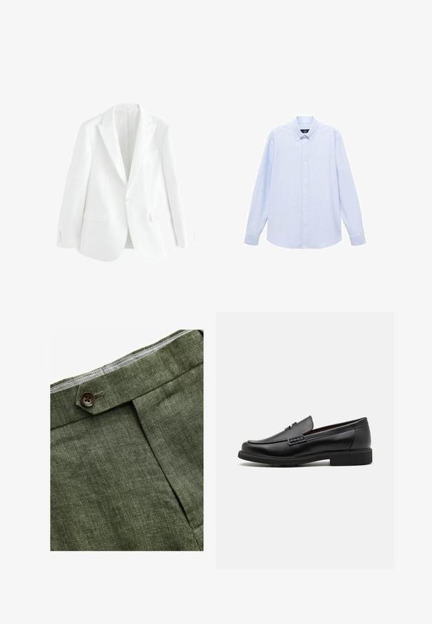 Hvid skræddersyet blazer med en enkelt frontknap, notch lapels og to forlommer. Glat stof med et rent, minimalistisk design.; Lyseblå langærmet skjorte med knapper og klassisk krave, lige bund og subtil tekstur. Har en central knaplukning.; Olivenfarvede linnedbukser med en frontfold, prydet med en knaplukning og et kontrastfarvet ternet for i taljebåndet.; Sorte syntetiske loafers med en fremtrædende syet front, polstret indersål og flad gummiydersål; slankt design med minimal detaljer.