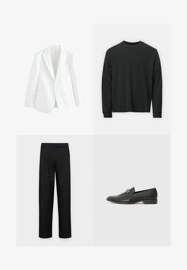 Blazer bianco su misura con un solo bottone frontale, rever a punta e due tasche frontali. Tessuto liscio con un design pulito e minimalista.; Maglietta nera a maniche lunghe in cotone, con scollatura rotonda, vestibilità ampia e polsini a costine. Texture liscia senza motivi visibili.; Pantaloni neri realizzati in tessuto liscio, caratterizzati da un taglio dritto, due pieghe frontali e una vita standard con passanti per la cintura.; Mocassino in pelle nera con finitura liscia, caratterizzato da un design cucito e da un accento decorativo in catena metallica sul vamp. Tacco piatto.