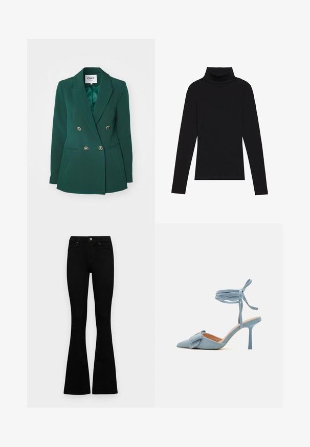 Blazer verde de doble botonadura con solapas de muesca, botones metálicos y bolsillos laterales, hecho de una tela suave con un corte ajustado.; Top de manga larga de cuello alto negro, hecho de tela de canalé, presenta un diseño ajustado con un cuello alto y sin patrones ni acentos.; Jeans negros de cintura alta con cierre de botón y cremallera, bolsillos frontales y piernas acampanadas, dispuestos sobre un fondo blanco.; Zapato de tacón alto de punta afilada en tela azul claro con un acabado texturizado, que presenta un lazo decorativo y una correa en el tobillo para un ajuste seguro.