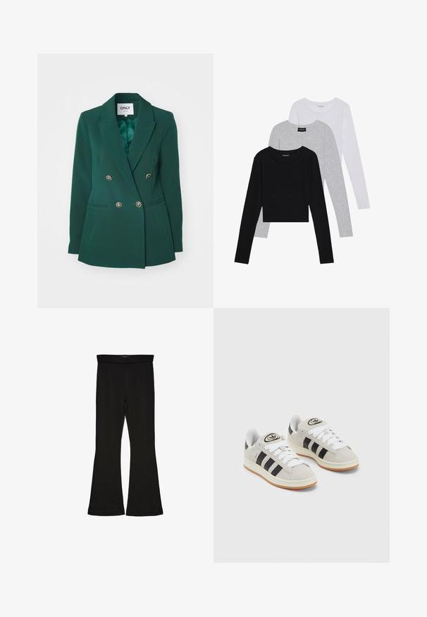 Žalias dublis su dublia krūtine, išskirtiniais atvartais, metaliniais mygtukais ir šoninėmis kišenėmis, pagamintas iš lygaus audinio su pritaikyta forma.; Trijų ilgomis rankovėmis marškinėlių krūva: juodas, pilkas ir baltas. Kiekvienas turi apvalų iškirpimą ir trumpą dizainą, pagamintas iš lygaus, lengvo audinio.; Juodos flared tipo legginsai, pagaminti iš tamprios medžiagos. Yra platus juosmuo ir lygus paviršius, su prie kūno priglundančiu siluetu, kuris pločiasi ties apatine dalimi.; Grynos zomšos sneakeriai su baltais raišteliais, juodomis juostelėmis ir balta gumine sole. Turintys apskritą logotipą ant liežuvėlio ir guminę sole.