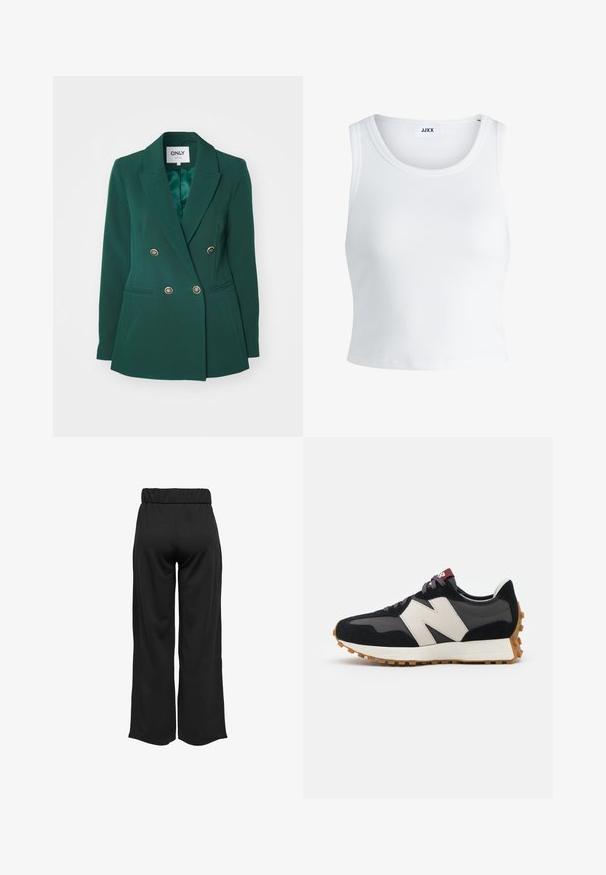 Vihreä kaksirivinen bleiseri, jossa on kaarevat läppäkaulukset, metalliset napit ja sivutaskut. Bleiseri on valmistettu sileästä kankaasta, ja siinä on muotoiltu istuvuus.; Valkoinen ribbattu hihaton toppi, jossa on pyöreä pääntie ja lyhyt malli. Tunnuslukuna lukee "JJXX". Sujuva kangas.; Mustat, leveälahkeiset housut, joissa on joustava vyötärö, valmistettu sileästä kankaasta. Ominaisuuksia ovat puhdas muotoilu ilman taskuja tai näkyviä ompelusaumoja.; Mustat ja harmaat mokkakenkä, jossa on suuri kermanvärinen "N"-logo, violetit nauhat ja teksturoitu kumipohja.