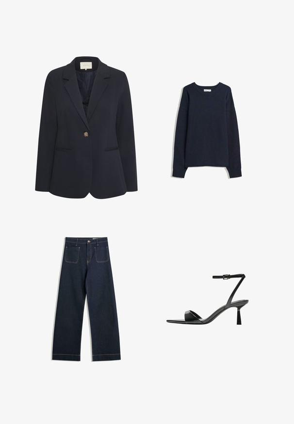 Granatowa marynarka z klapami, z zapięciem na jeden guzik, dwoma przednimi kieszeniami oraz gładką fakturą. Podszewka wewnętrzna.; Granatowy sweter z dekoltem w serek, długimi rękawami, ściągaczami przy mankietach i na dole. Wykonany z miękkiego materiału dzianinowego, charakteryzuje się luźnym krojem i minimalistycznym designem.; Granatowe, szerokie dżinsy wykonane z denimu, z kontrastującym, jasnobrązowym przeszyciem, dwiema tylnymi kieszeniami i zapięciem na guzik w talii.; Bershka - Sandały na obcasie