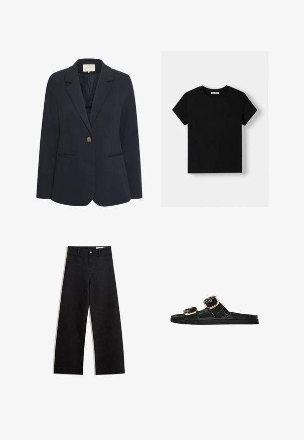 Mornarski blejzer z izrezanim ovratnikom, zapiranjem na en gumb, dvema sprednjima žepoma in gladko teksturo. Podložen notranjost.; Črna bombažna majica s kratkimi rokavi, okroglim izrezom in sproščenim krojem. Enostaven dizajn brez vzorcev ali okrasitev.; Črne široke denim hlače z visokim pasom, ki imajo sprednje in zadnje žepe, šivane šive ter gumbasto zapiranje. Gladka tekstura.; Črne drsne sandale z dvema zlatima zaponkama, gladkega materiala, ravnim podplatom in minimalističnim dizajnom.