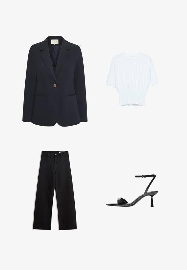 Blazer blu navy con colletto a punte, chiusura a singolo bottone, due tasche frontali e una texture liscia. Interno foderato.; T-shirt bianco a maniche corte con una vestibilità rilassata e una texture smock in vita. Realizzato in tessuto morbido e leggero.; Pantaloni in denim neri a gamba larga con vita alta, dotati di tasche anteriori e posteriori, cuciture a punto, e chiusura con bottone. Texture liscia.; Bershka Sandali con tacco - black