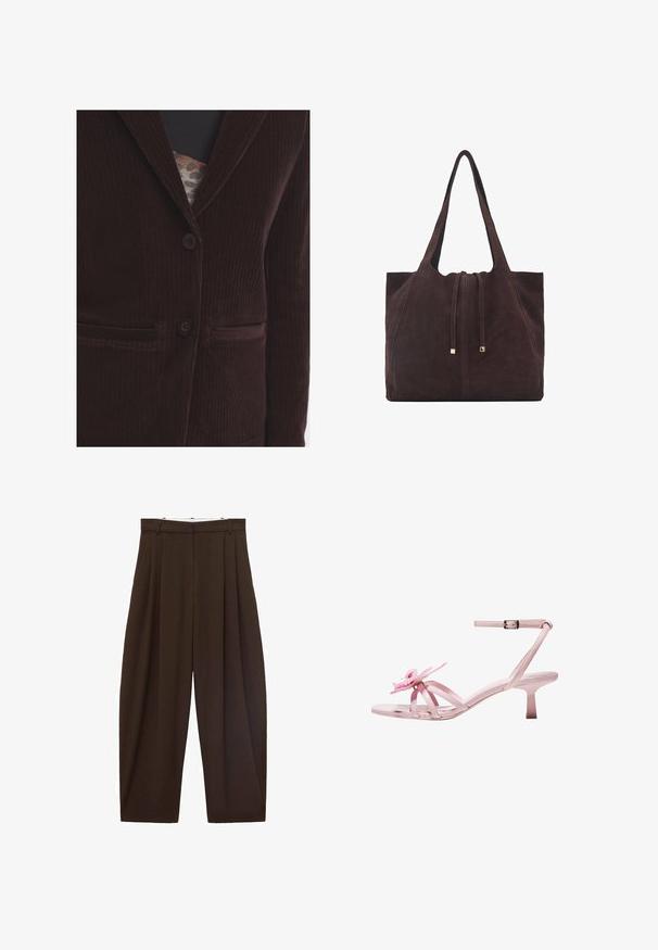 Brown corduroy blazer with a notched collar, two front pockets, and two buttons. The fabric has a vertical ribbed texture.; Brown short-sleeve top with a round neck, made of textured fabric. Features a relaxed fit and a slightly scalloped hem. Clean, minimalist design.; Brown high-waisted trousers with pleats, made of smooth fabric. Loose fit, straight leg design, featuring belt loops and a zip fly.; Pink patent leather heeled sandals with a floral accent on the toe, featuring adjustable ankle strap and slender, short heel.; Mango Tote bag - dark brown