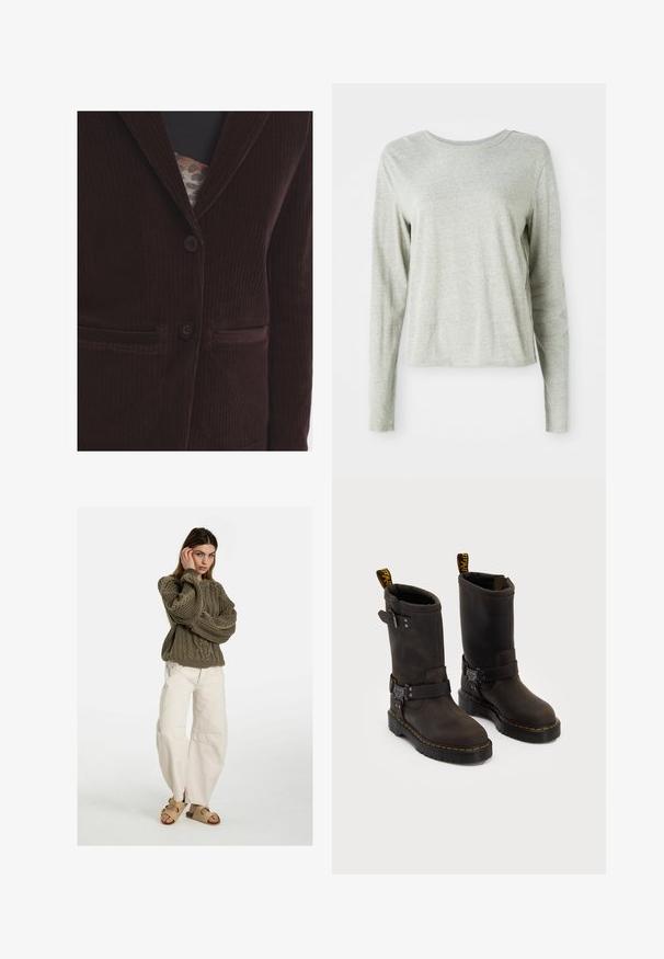 Smeđi kordura sako s izrezanim ovratnikom, dva prednja džepa i dva gumba. Tkanina ima vertikalnu rebrastu teksturu.; Svijetlosiva majica dugih rukava izrađena od mekog materijala, s okruglim izrezom i opuštenim krojem. Šavovi su detaljno izrađeni duž bočnih strana.; Free People GOOD LUCK MID RISE BARREL - Traperice opuštenog kroja - beige; Tamno smeđe kožne čizme srednje visine, sa žutim šavovima, podesivim kopčama i ručicama za povlačenje na vrhu. Teksturirana površina.
