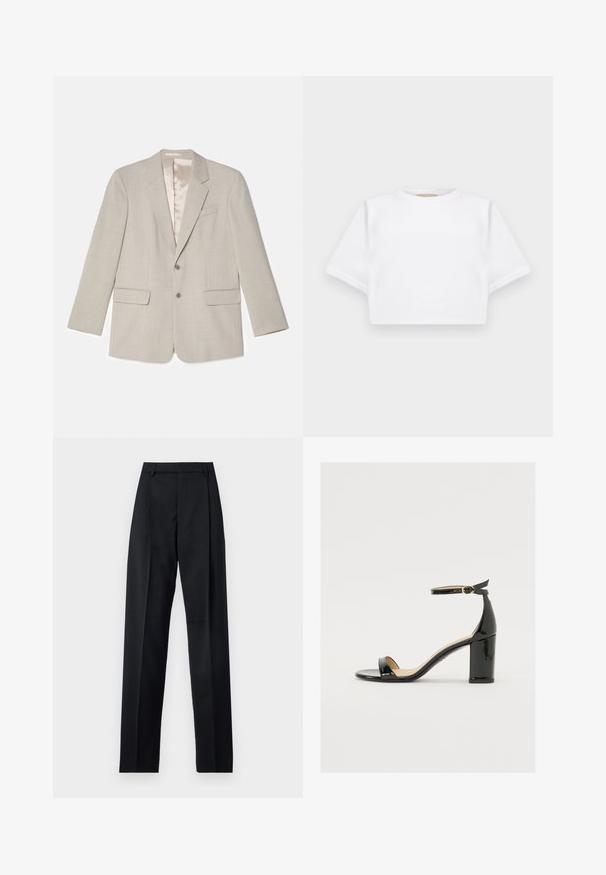 Jasnoszary żakiet z klapami w kształcie litery notch, dwoma przednimi kieszeniami i zapięciem na jeden guzik. Posiada gładką satynową podszewkę.; Skrojona biała koszulka z miękkiego materiału, z krótkimi rękawami, okrągłym dekoltem i żebrowanymi detalami u dołu. Prosty i nieozdobiony design.; Czarne spodnie wykonane z gładkiego materiału, z wysokim stanem, szerokimi nogawkami, fałdami z przodu i klasycznymi szlufkami na pasek. Brak widocznych kieszeni bocznych.; Czarne sandały z lakierowanej skóry na szerokim obcasie, z otwartym czubkiem i paskiem na kostce z złotą klamrą. Gładka faktura i elegancki design.