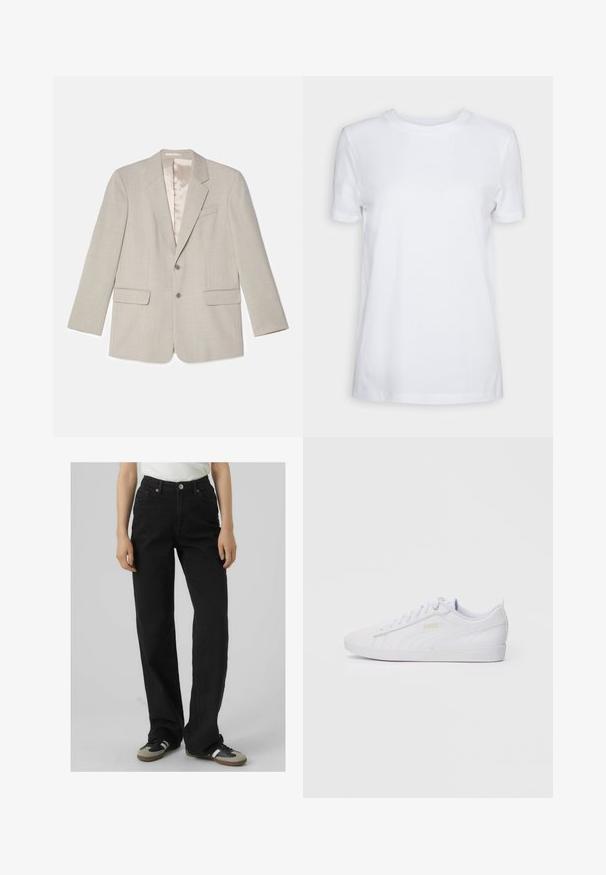 Blazer gris clair avec un revers en pointe, deux poches avant et une fermeture à un bouton. Doté d'une doublure intérieure en satin lisse.; T-shirt blanc à manches courtes en coton. Design col rond avec une texture lisse et sans motifs ni accents visibles. Style basique.; Jeans noirs taille haute avec une coupe droite, fabriqués en denim, dotés de deux poches avant et de détails en laiton.; Baskets Puma basses blanches avec un laçage à l'avant, un branding subtil sur le côté et la semelle, et une tige en synthétique lisse pour une tenue décontractée.