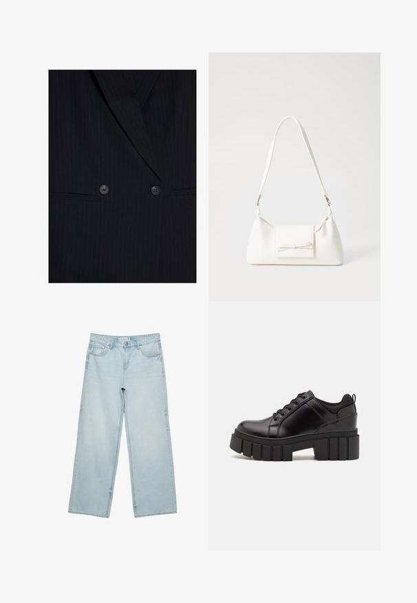 Černý oblekový blejzr s širokými klopami, dvouřadým zapínáním, dvěma knoflíky a dvěma horizontálními předními kapsami.; Černé a bílé trička, kulatý výstřih, krátké rukávy. Černé tričko má žlutou výšivku slunce; bílé má fialový akcent měsíce v podobě půlměsíce.; Světlé modré široké džínové kalhoty s vysokým pasem, pěti kapsami a jemným vyblednutím. Rovný střih s lemem.; Černé kožené platformové boty s masivním blokovým podpatkem, kulatou špičkou a tradičním šněrováním. Mají hladký povrch a minimální detaily.; Bílá syntetická kabelka v trojúhelníkovém tvaru, s plochým předním klopným víkem a detailem mašle, nastavitelným popruhem, hladkým povrchem a minimalistickým designem.