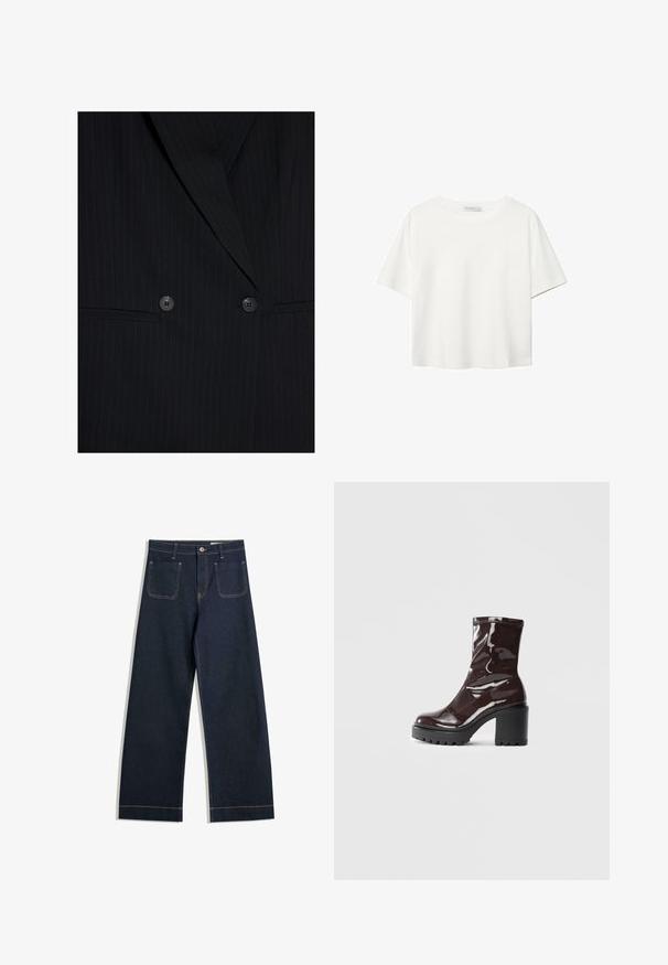Blazer nero a righe con ampi rever, design doppiopetto, due bottoni e due tasche frontali orizzontali.; T-shirt bianco a maniche corte realizzato in cotone. Presenta un collo tondo e una vestibilità rilassata. Texture liscia senza motivi o dettagli visibili.; Jeans a gamba larga blu scuro realizzati in denim con cuciture contrastanti color caramello, due tasche posteriori e chiusura con bottone in vita.; Stivale alla caviglia bordeaux lucido con un tacco spesso nero, caratterizzato da una superficie liscia e un design semplice. Nessuna chiusura visibile o motivo.