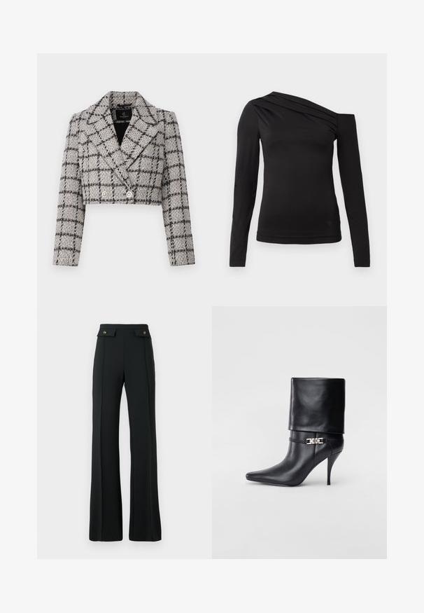 Giacca tweed corta in grigio e nero con un motivo a quadri, design doppiopetto, ampie rever e due bottoni frontali.; Top manica lunga nera con scollatura asimmetrica, caratterizzato da una spalla scoperta e delicate drappeggi sul petto.; Pantaloni a vita alta neri a palazzo con dettagli di cucitura frontale e due tasche con patta a bottone dorato in vita.; Stivale ankle in pelle nera con punta affusolata, alto tacco a stiletto, risvolto sulla caviglia e un elegante dettaglio in oro con fibbia decorativa.