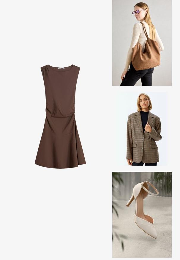 Geruite blazer in beige, bruin en roesttinten. Heeft een geknipt kraag, twee frontzakken en twee knopen met een relaxte pasvorm.; Mouwloze bruine jurk tot de knie met ronde halslijn en lichte zijruche, uitlopende rok op een witte achtergrond.; Witte high heel schoen van soepel materiaal met een puntige neus en enkelbandje. Heeft een lichtbruine binnenkant en goudkleurige hardware accent.; Bruine suède totebag met zachte textuur, grote opening en lange hengsels. Het heeft een eenvoudig ontwerp met zichtbare stiksels en geen hardware.