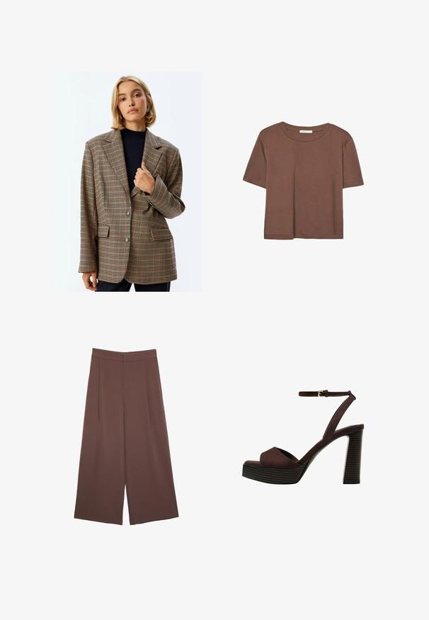 Tjekket blazer i beige, brun og rustfarvede nuancer. Har en klippet krave, to forlommer og to knapper med en afslappet pasform.; Brun kortærmet t-shirt lavet af blødt stof, med rund halsudskæring og afslappet pasform. Ingen synlige mønstre eller detaljer.; Brune bredbunde bukser med en glat tekstur, der har høj talje og plisseringer foran. Stoffet er let og falder løst.; Brune ruskinds højhælede sandal med åben tå, justerbar ankelrem og en stribet plade sål.