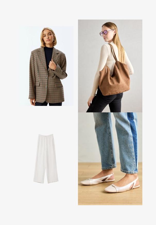 Tweedowy żakiet w odcieniach beżu, brązu i rdzy. Posiada klapowany kołnierz, dwie przednie kieszenie oraz dwa guziki, a także luźny krój.; Biała koszulka z krótkim rękawem, wykonana z bawełny. Posiada okrągły dekolt i luźny krój. Gładka faktura bez widocznych wzorów czy akcentów.; Białe spodnie o szerokich nogawkach wykonane z lekkiego materiału. Posiadają elastyczny pas z sznurkiem i boczne kieszenie. Gładka tekstura.; Jasnoróżowe baleriny na odkrytej pięcie z wąskim noskiem, wykonane z gładkiego materiału imitującego skórę. Posiadają wycięcia po bokach oraz płaski obcas.; Brązowa torebka typu tote wykonana z zamszu o miękkiej teksturze, z dużym otwarciem i długimi paskami. Charakteryzuje się prostym designem z widocznymi szwami i bez elementów metalowych.