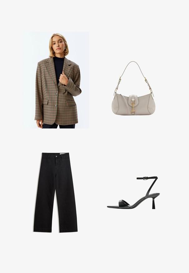 Blazer a scacchi in toni beige, marrone e ruggine. Caratterizzato da un colletto a rilascio, due tasche frontali e due bottoni, con una vestibilità rilassata.; T-shirt bianco a maniche corte con una vestibilità rilassata e una texture smock in vita. Realizzato in tessuto morbido e leggero.; Pantaloni in denim neri a gamba larga con vita alta, dotati di tasche anteriori e posteriori, cuciture a punto, e chiusura con bottone. Texture liscia.; Bershka Sandali con tacco - black; Borsa a tracolla in pelle grigia chiara con forma curvata, hardware dorato, chiusura frontale e dettagli cuciti. Inclusa una tracolla regolabile.