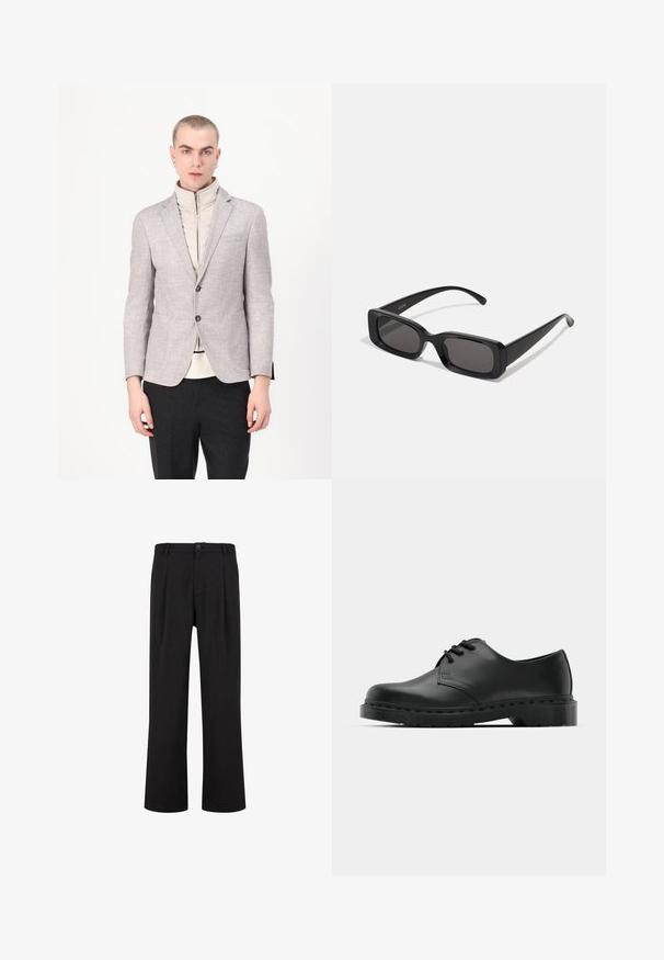 Svetlo sivi blejzer z teksturiranim zaključkom, opremljen z dvema sprednjima žepoma in gumbnim zapenjanjem, oblečen preko smetane barve oblačila z visokim ovratnikom.; Bela srajca z dolgimi rokavi in gumbi, izdelana iz gladkega materiala. Ima klasičen ovratnik, sprednje gumbke in manšete z enim gumbom. Oblika je ozka.; Črne hlače z ravnim krojem, ravnim prednjim delom in pregibi. Narejene iz gladkega materiala z gumbom za zapiranje in zankami za pas.; Črne usnjene oksford čevlje z vezalkami, zaobljenim prstom, ravnim gumijastim podplatom in diskretnim šivanjem po zgornjem delu.; Črne pravokotne sončna očala z temnimi lečami, sijajna površina, široka ročaja in masiven okvir. Vgravirano ime blagovne znamke na eni ročaji.