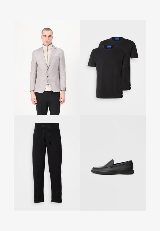 Lichtgrijze blazer met een gestructureerde afwerking, voorzien van twee voorzakken en een knoopsluiting, gelaagd over een crèmekleurig hooggesloten kledingstuk.; Twee zwarte katoenen T-shirts met ronde hals, korte mouwen en blauwe "HUGO" labels op de kragen en zijsplitten.; Zwarte sweatpants met een trekkoord in de taille, gestructureerde stof, taps toelopende benen, zijzakken en ritsen bij de boorden.; Zwarte leren instaploafer met een textuur bovenwerk, ronde neus, lage hak en rubberen zool, weergegeven in zijprofiel op een witte achtergrond.