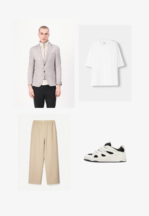 Jasnoszary żakiet o teksturowanym wykończeniu, z dwoma kieszeniami z przodu i zapięciem na guziki, nałożony na kremową bluzkę z wysokim kołnierzem.; Biała koszulka z krótkim rękawem wykonana z bawełny, z okrągłym dekoltem i luźnym krojem. Gładka faktura, bez widocznych wzorów lub akcentów.; Beżowe spodnie szerokie z elastycznym paskiem, wykonane z miękkiego materiału, o gładkiej fakturze i minimalnych detalach szwów.; Białe i czarne buty sportowe z teksturowaną podeszwą, z wyciętymi wzorami po bokach oraz sznurowadłami, a także wyściełanym tyłem dla wsparcia.