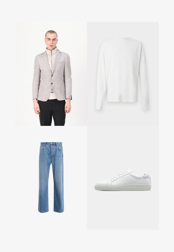 Light gray blazer with a textured finish, featuring two front pockets and button closure, layered over a cream high-neck garment.; Long-sleeved white cotton shirt with a round neckline, side slits at the bottom, and a smooth texture, displayed from the back.; Light blue denim jeans with a straight-leg design, five pockets, button closure, minimal fading, and contrasting stitching details.; White sneaker with a smooth leather upper and a low profile. Features a rounded toe, six eyelets, and a textured rubber sole.