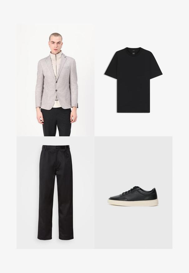 Blazer grigio chiaro con una finitura testurizzata, dotato di due tasche frontali e chiusura con bottoni, indossato sopra un capo con collo alto color crema.; Maglietta nera a maniche corte realizzata in un morbido misto cotone, con scollatura a girocollo e un design minimalista senza motivi o dettagli.; Pantaloni neri realizzati in tessuto morbido, con chiusura frontale a bottone, pieghe e gambe dritte. Nessun motivo o accento visibile.; Sneaker in pelle nera a basso profilo con lacci neri e suola avorio, mostrato di profilo su sfondo bianco.