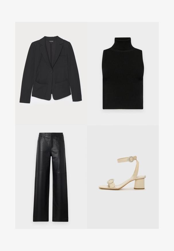 Juodas švarkas, pagamintas iš tekstūruoto audinio, su vienu mygtuku užsegimu, išsiskiriančiais atvartais ir dviem priekinių kišenių.; Juoda nesiuždinta marškinė su aukštu kaklu, su grublėta tekstūra ir prigludusiu siluetu. Lygus audinys su aukštu kaklu ir be papildomų dekoracijų.; Plačios kelnės iš juodos odos su lygiu paviršiumi, turinčios priekinės kišenes, mygtuko užsegimą ir subtilius siuvinėjimo akcentus.; Šviesiai rudos spalvos aukštakulniai šlepetės minimalistiniu dizainu, su dviem apvaliais akcentais ir masyviu kulnu. Pagamintos iš lygaus odos.