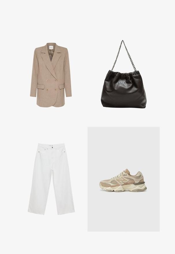 Blazer doppiopetto in tessuto beige chiaro, con rever a punta, due tasche frontali e bottoni beige. Texture liscia con una vestibilità su misura.; Top bianco senza maniche con scollatura quadrata, texture liscia e design aderente. Realizzato in tessuto leggero.; Jeans bianchi a gamba larga realizzati in denim con vita alta, dotati di cinque tasche e dettagli in metallo. Texture liscia, senza motivi visibili.; Scarpe da ginnastica beige con materiali in rete e suede, punta rotonda, suola spessa e notevoli dettagli riflettenti sui lati.; Borsa in pelle marrone con parte superiore arricciata e tracolla a catena. Texture liscia con finitura lucida e dettagli di cucitura sottili sui lati.