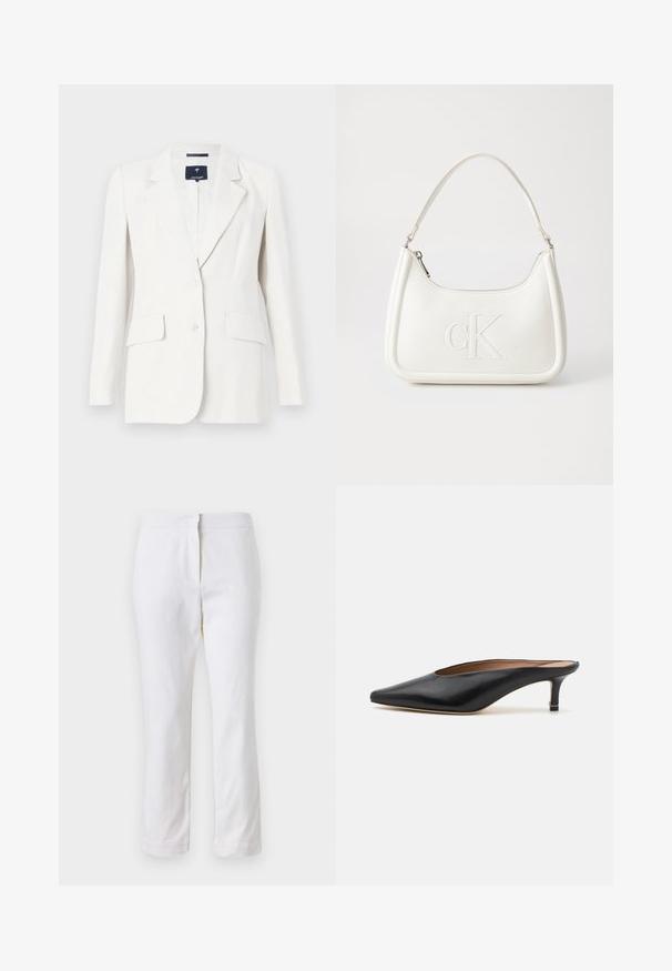White blazer with a single button, notched lapels, two front pockets, and long sleeves. Smooth texture and tailored fit.; White cotton t-shirt with short sleeves, round neckline, relaxed fit, and no visible patterns or graphics. Smooth texture and simple design.; White cotton pants with a straight leg design, featuring a mid-rise waist and no visible hardware or patterns. Smooth texture throughout.; Black leather mules with a pointed toe and low, block heel. Smooth texture with a sleek design. Open back with minimal detailing.; White leather handbag with a curved shape, featuring an embossed "CK" logo on the front and a single shoulder strap. Zipper closure at top.