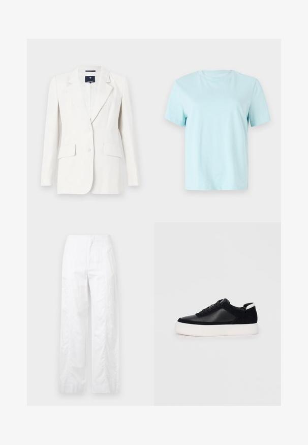 White blazer with a single button, notched lapels, two front pockets, and long sleeves. Smooth texture and tailored fit.; Light blue cotton t-shirt featuring short sleeves, a crew neck, and subtle 'Calvin Klein' embroidered logo on the front.; White wide-leg trousers made of lightweight fabric, featuring a smooth texture, clean lines, and a high waist design.; Black sneaker with smooth leather and suede panels, flat laces, rounded toe, and a white rubber sole. Distinct logo on the heel.