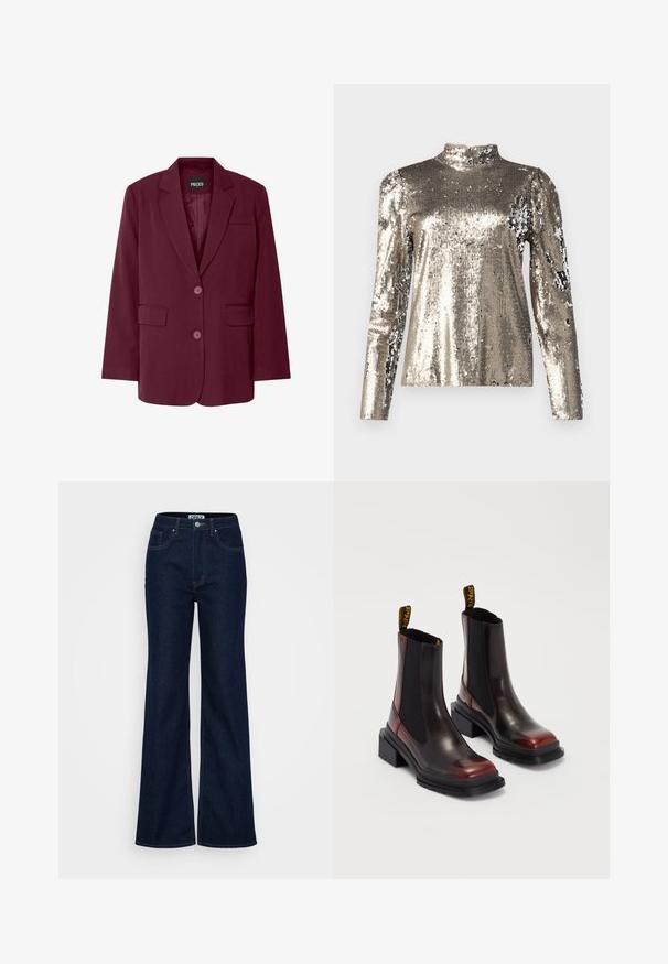 Burgundi ülikondjakk, millel on krae, kaks esist pocketit, kaks nuppu ja sile tekstuur. Brändi sildil 'PIECES' on nähtav sees.; Pikkade varrukatega, kõrge kaelusega pluus, kaetud hõbedaste sädelevate strassidega. Omab siledat tekstuuri ja istuvat siluetti ning puffed õlavarre disaini detaile.; ONLY Tall ONLJUICY WIDE RINSE - Wide leg - dark blue denim; Dr. Martens MAYBOLE CHELSEA - Platvormtallaga poolsaapad - black/cherry red