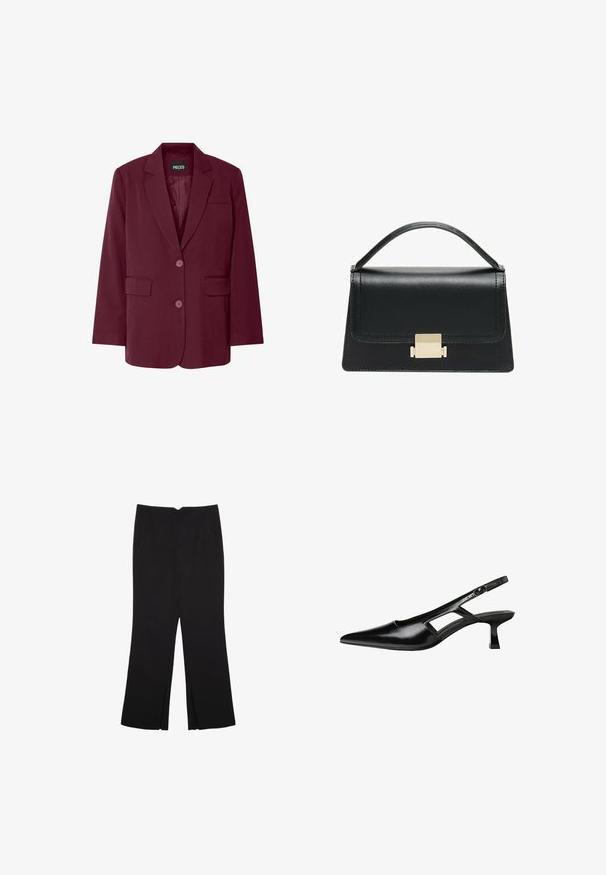Bordo blejzer z izrezanim ovratnikom, dvema sprednjima žepoma, dvema gumboma in gladko teksturo. Na notranji strani je vidna oznaka blagovne znamke 'PIECES'.; Bela majica s kratkimi rukavi, izdelana iz mehkega in lahkega blaga. Ima okroglo ovratnico ter kratke, široke rokave z udobnim krojem. Brez vidnih vzorcev.; Črne hlače ravnega kroja z naglavnimi žepi in stranskimi razporki na robu. Narejene iz mehke, gladke tkanine. Primerne za različne priložnosti.; Črne patentični usnjeni salonarji s slingback designom, z zašiljenim nosom, izrezanim stranskim dizajnom in majhnim kvadratnim peto. Gladka tekstura z minimalnimi detajli.; Črna usnjena torbica z strukturiranim dizajnom, zgornjim ročajem in zlate kovinske sponke na sprednji strani. Gladka tekstura, minimalno šivanje.